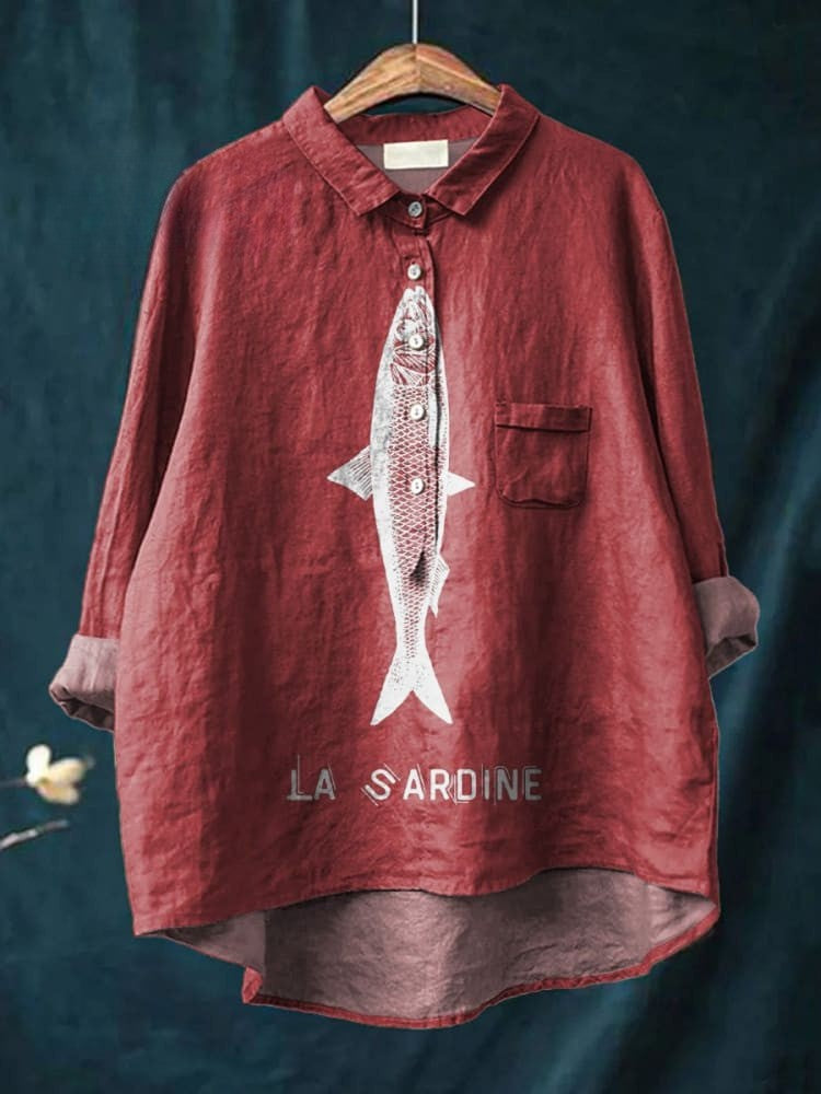 Sardine Fish Graphic Printed Women's Casual  Linen Shirt
