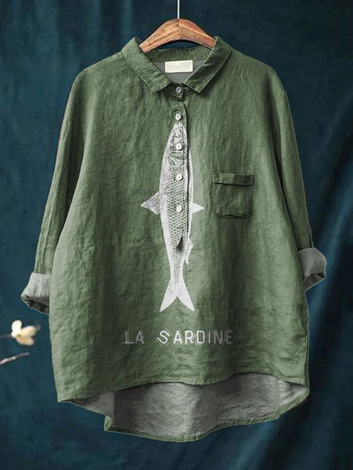 Sardine Fish Graphic Printed Women's Casual  Linen Shirt